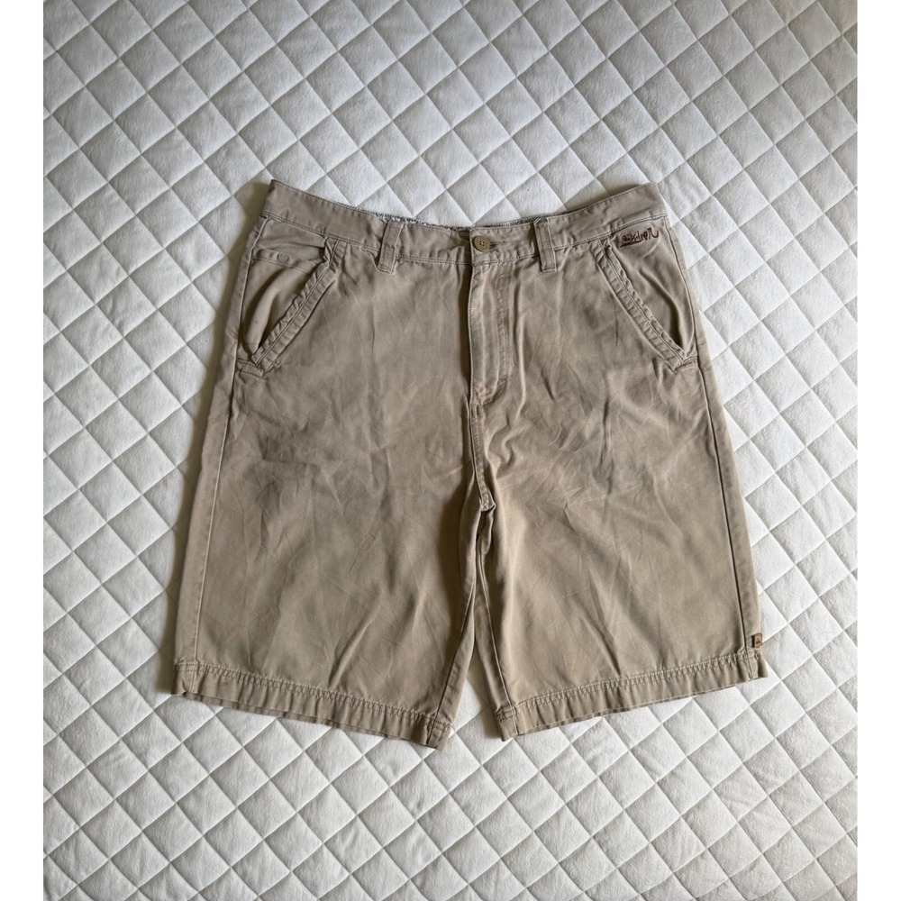 Y2K VTG Quicksilver Khaki Embroidered Shorts‎ Sz 34 Streetwear Surf Skater 90s